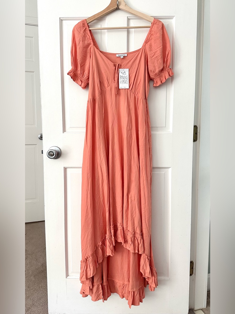 NEW! Patrons of Peace Coral High-Low Ruffle Maxi Dress Puff Sleeves Flowy Size S